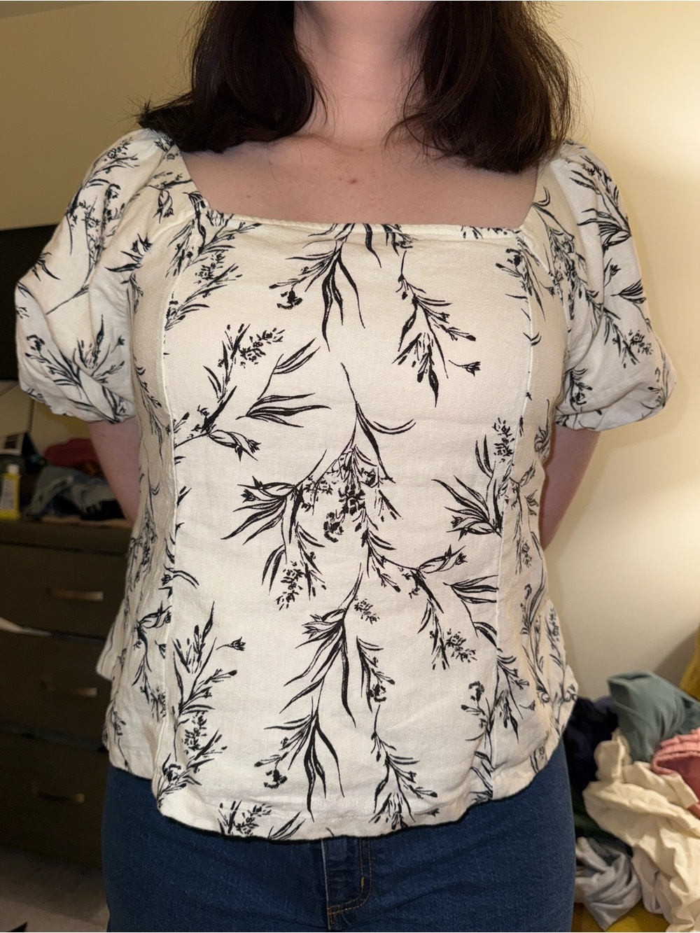 Linen babydoll top with cinching back
